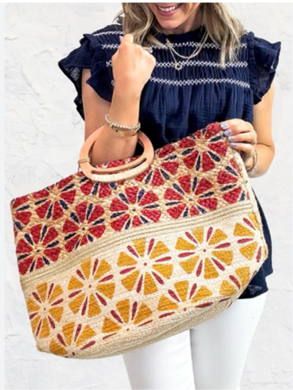 ANTIK KRAFT Multicolor Woven Jute Raffia Gold Trim Wood Handle Beach Shop Tote